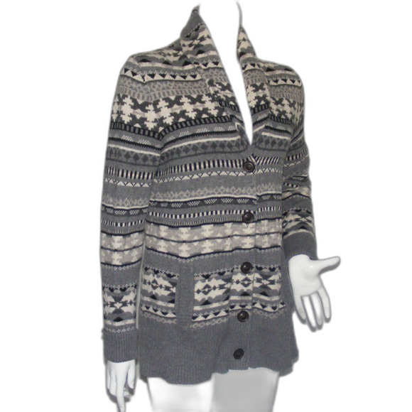 EDDIE BAUER Cardigan Sweater, M, Aztek, Stripe, Gray/White, Pockets, Washable - Picture 2 of 12